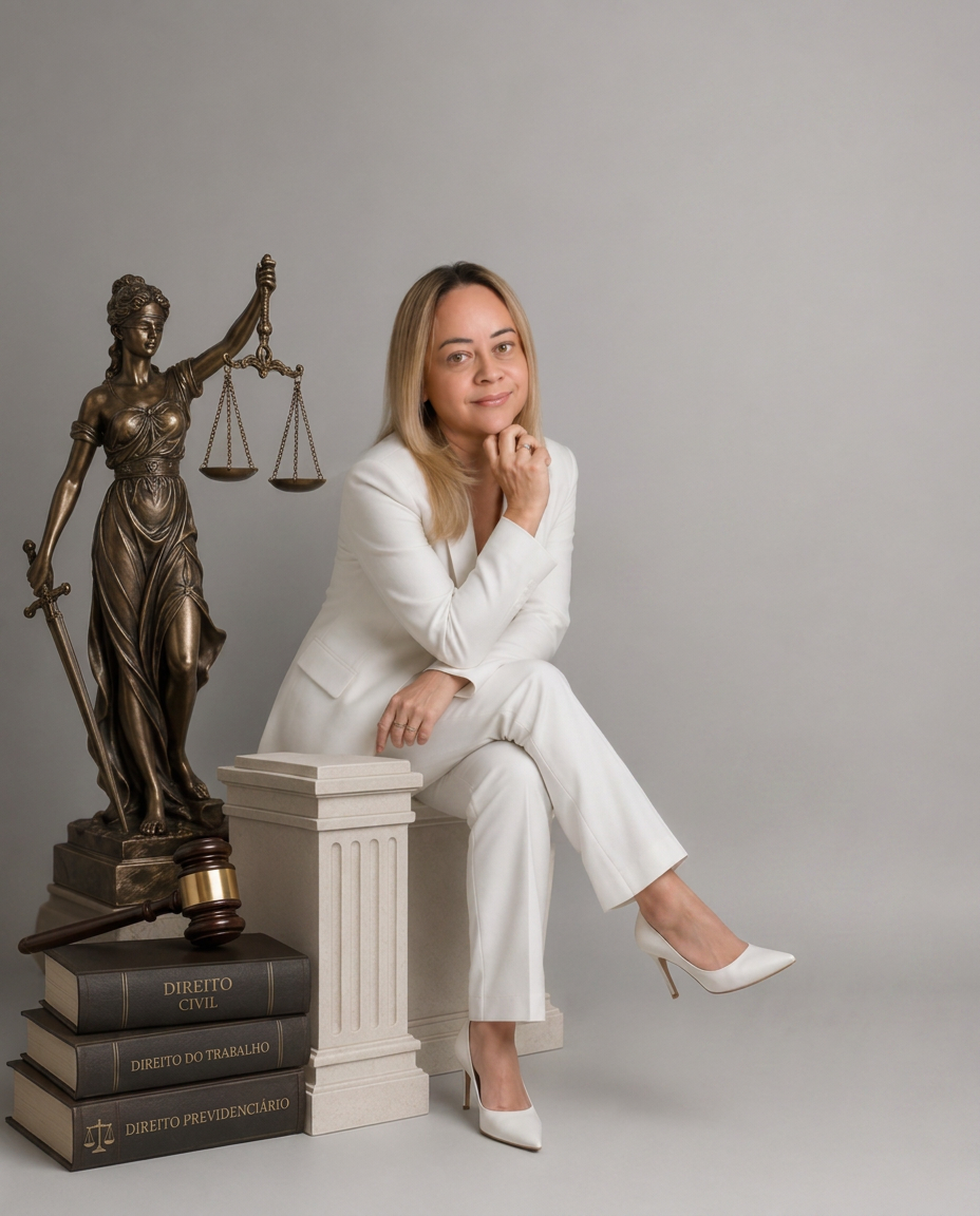 Patrícia Gomes da Silva ao lado da estátua da Justiça